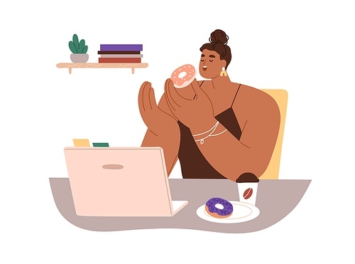 Employee eating at workplace. Chubby woman enjoying sweet coffee and donuts snack, fat sugar food at office desk, having dessert at work. Flat graphic vector illustration isolated on white .