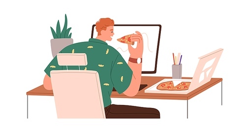 Employee eating food at workplace. Man having lunch, meal from pizza delivery, sitting at computer desk at work. Worker and fastfood. Flat graphic vector illustration isolated on white .