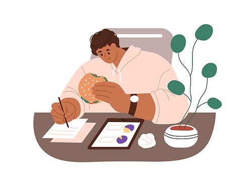 Employee eating fast food, holding fat burger while working with documents at desk. Office worker having lunch, snack at workplace, work. Flat graphic vector illustration isolated on white .
