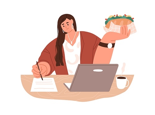 Woman employee eating sandwich at work. Office worker having meal, snack while working at desk with laptop. Hungry manager and fast food. Flat graphic vector illustration isolated on white .
