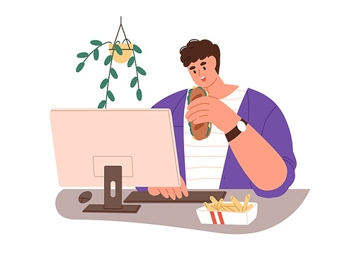 Person eating fast food, sitting at computer desk at work. Office worker having meal, snack at workplace, PC. Man employee with sandwich. Flat vector illustration isolated on white .