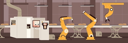 Smart industry with conveyor belt controlled by AI robots. Machines, equipment, high technology work at production, manufacturing process on automated assembly line. Flat vector illustration.