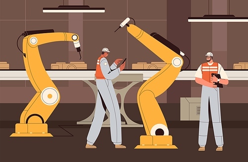 Smart industry with conveyor belt and robots controlled by people. High-tech machines, equipment work under workers supervision. Automated manufacturing assembly line. Flat vector illustration.