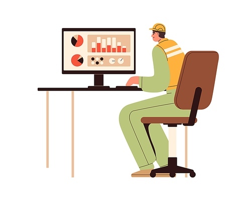 Industry supervisor at computer screen, monitoring smart production at factory. Worker, operator during data, graph, diagram analysis, control. Flat vector illustration isolated on white .