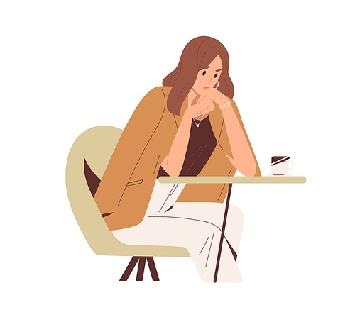 Sad thoughtful woman sitting at table in cafe. Unhappy pensive person thinking about problems and troubles. Anxious businesswoman in despair. Flat vector illustration isolated on white .