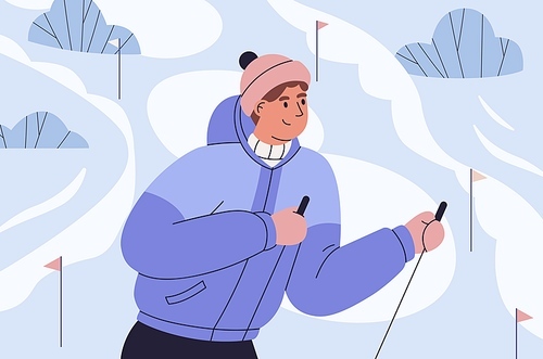 Skier in mountains, ski resort. Happy active man with poles in hands during winter sports activity in snow Alps. Wintertime fun in cold snowy weather. Flat vector illustration.