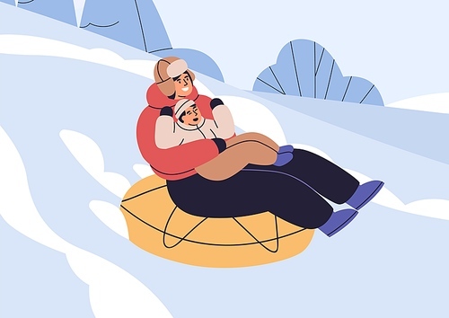 Mother and kid on snow tubing sliding down hill slope on winter holidays. Parent and child riding downhill. Happy carefree family during wintertime activity, fun. Flat vector illustration.