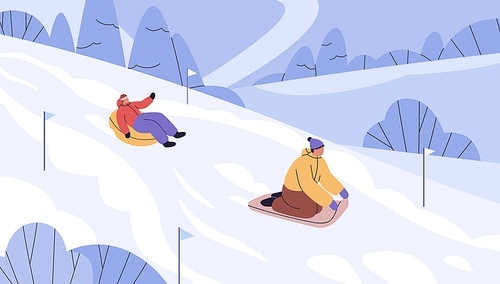 People sliding down slope on sleds and snow tubing on winter holidays. Men riding downhill on toboggan, sleigh. Active characters on snowy hills. Outdoor wintertime fun. Flat vector illustration.
