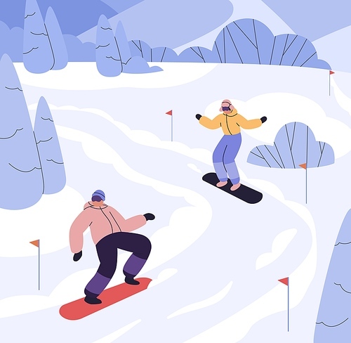 People sliding downhill on snowboards at winter ski resort. Snowboarders couple in equipment riding down slope on snow boards. Outdoor wintertime sports activity, fun. Flat vector illustration.