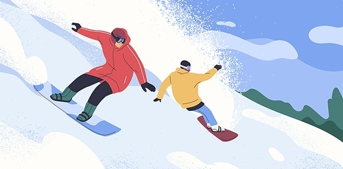 Snowboard riders sliding down slope at winter mountain resort. People riding snow boards on holidays. Snowy landscape with snowboarders. Sport leisure activity in Alps. Flat vector illustration.