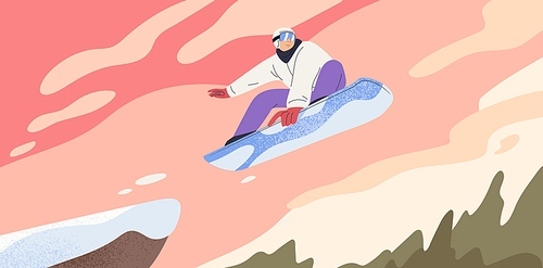 Person jumping on snowboard, flying in air. Snowboarder doing trick. Man on snow board in sky. Winter extreme sports activity. Professional athlete at mountain resort. Flat vector illustration.