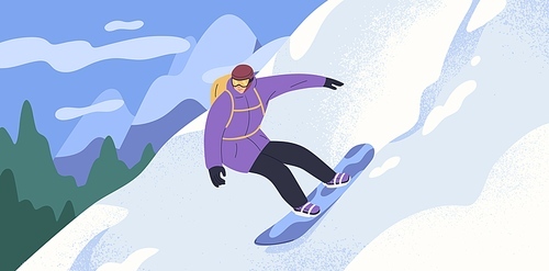 Snowboard rider sliding down slope at mountain resort. Person riding snow board in Alps on winter holidays. Snowboarder and snowy landscape. Extreme sports activity. Flat vector illustration.