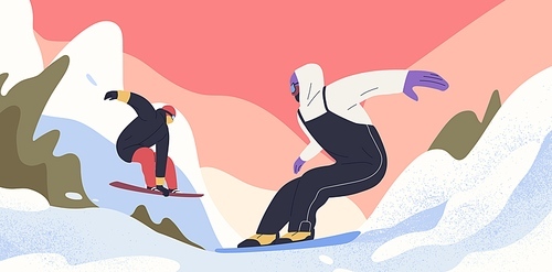 People on snowboards riding, sliding at mountain resort. Snowboarders on snow boards on winter holidays. Snowy scene, landscape with men during sports activity in Alps. Flat vector illustration.