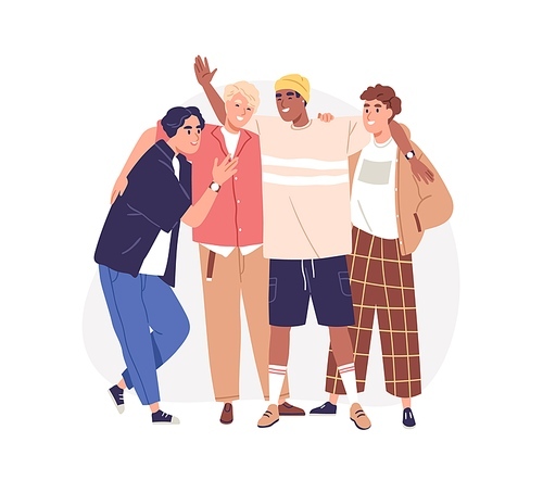Man friends portrait. Diverse happy bros, young guys buddies standing, laughing together. Men's friendship, male relationship, bromance concept. Flat vector illustration isolated on white .