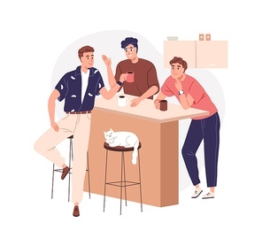 Men friends gathering at home kitchen. Guys buddies hanging out, talking at tea party. Bros meeting together. Male friendship concept. Flat vector illustration isolated on white .