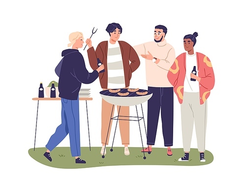 Men friends at bbq party outdoors. Guys gathering for barbeque on summer holiday. People relaxing, cooking barbecue grill meat together. Flat vector illustration isolated on white .
