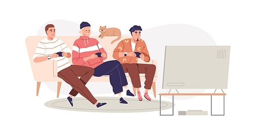 Men friends with consoles playing video game on TV. Happy guys gamers with controllers joysticks, sitting on sofa during videogame at home. Flat vector illustration isolated on white .