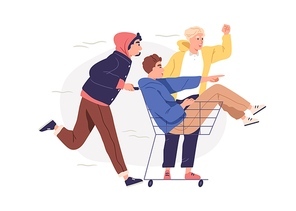 Happy men pushing supermarket cart with guy sitting inside. Friends having fun, joy with grocery trolley. Funny male customers kidding, fooling. Flat vector illustration isolated on white .