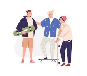 Men friends with skateboards. Modern guys buddies skateboarders with skate boards at leisure. Friendship and urban sport activity. Flat graphic vector illustration isolated on white .
