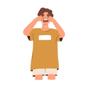 Desperate boy crying in grief, despair. Child sobbing, weeping, feeling sorrow, distress. Unhappy upset kid in tears. Tearful offended person. Flat vector illustration isolated on white .