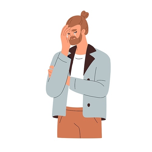 Sad man crying, weeping in despair. Upset desperate person with unhappy emotion, shedding tears, feeling misery, frustration, sorrow. Flat graphic vector illustration isolated on white .