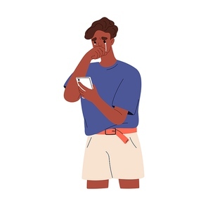 Upset man crying while reading bad news, messages online in mobile phone. Desperate unhappy person in grief, despair, feeling compassion, sorrow. Flat vector illustration isolated on white .