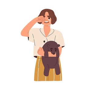 Lost child crying. Sad sobbing girl wiping tears with hand, holding teddy bear toy. Unhappy upset kid weeping, feeling grief, despair. Flat graphic vector illustration isolated on white .
