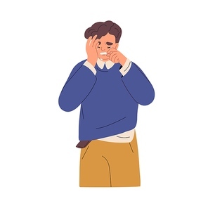 Crying unhappy man in grief, despair. Upset desperate person in sorrow, weeping, wiping tears with hands, suffering from problem. Flat graphic vector illustration isolated on white .