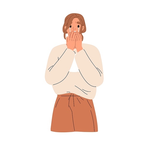 Scared woman crying, startled at smth. Girl weeping in grif, anxiety. Unhappy frightened person in tears with face expression of fright. Flat graphic vector illustration isolated on white .