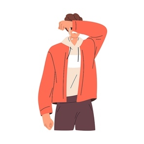 Desperate man crying, shedding tears in grief, despair, sorrow. Unhappy sad person feeling bad, weeping, mourning, suffering, sobbing. Flat vector illustration isolated on white .