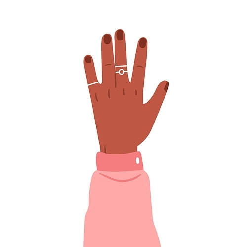 Hand raised up with jewelry, rings on fingers. African-American female arm accessories, jewelleries, dorsal side. Demonstrating jewels. Flat vector illustration isolated on white .