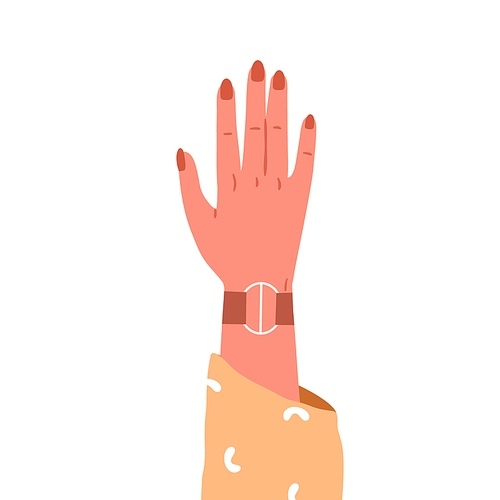 Female hand raised up. Women wrist with leather bracelet and red nails on fingers. Arm with jewellery, accessories, gesturing, rising. Flat vector illustration isolated on white .