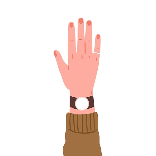 Women hand rising up, back side. Raised arm with accessories, ring on little finger, watches. Wearing wristwatch and jewelry on pinky. Flat vector illustration isolated on white .