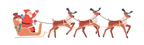 Santa Claus riding Christmas sleigh with reindeers on winter holidays. Xmas character in sleds with gifts. Flat vector illustration of North sledges, deers and presents isolated on white .