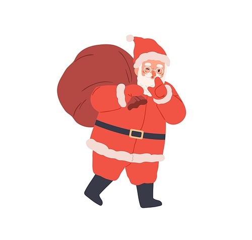 Santa Claus walk with Christmas bag. Happy Xmas character carry big sack of gifts on shoulder. Merry funny old bearded man going with presents. Flat vector illustration isolated on white .