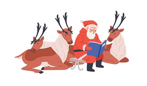 Santa Claus reading Christmas fairy tales book. Reindeers listening to Xmas stories and fairytales. Old bearded character and north deers. Flat vector illustration isolated on white .