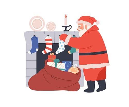 Santa Claus putting Christmas gifts into socks on fireplace. Old bearded man with bag of Xmas presents near home fireside with stockings. Flat vector illustration isolated on white .
