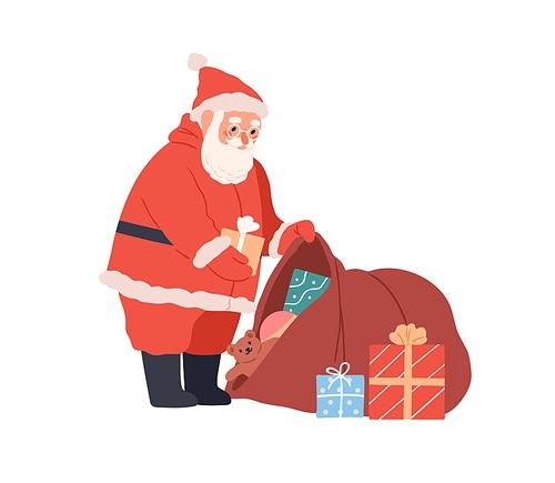 Santa Claus preparing Christmas gift boxes, putting presents into red bag. Bearded character packing Xmas sack for winter holidays and New Year. Flat vector illustration isolated on white .