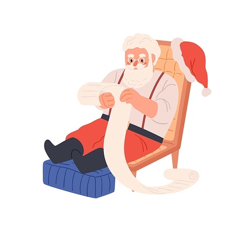 Santa Claus reading Christmas wish list, sitting in chair. Retro bearded character with long letter in hands at Xmas and New Year eve. Flat graphic vector illustration isolated on white .
