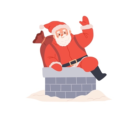 Happy Santa Claus climbing into chimney with bag of gifts at Christmas. Retro chubby Xmas character with sack on house roof on winter holidays. Flat vector illustration isolated on white .