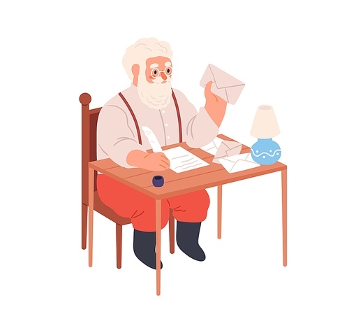 Santa Claus writing at table, answering Christmas letters. Old bearded character work with Xmas mail, New Year correspondence on winter holidays. Flat vector illustration isolated on white .