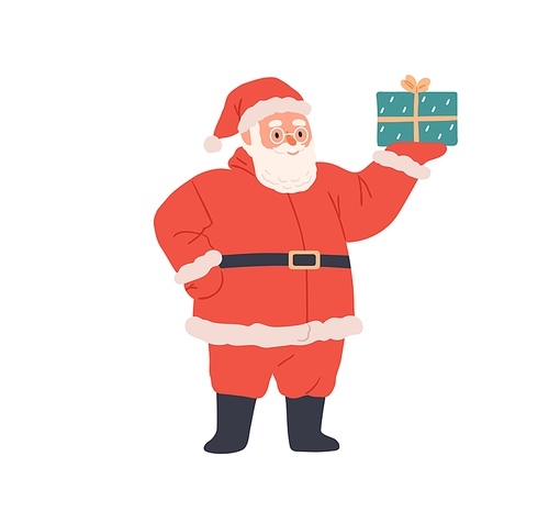 Santa Claus with gift box in hand. Happy bearded character portrait. Old man in red hat and glasses holding Xmas present for winter holidays. Flat vector illustration isolated on white .