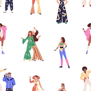 Seamless pattern with fashion people at retro disco party. 80s style background with men, women dancing to 1980s music, repeating print, texture design. Flat vector illustration for decoration.