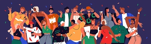 Happy people crowd at holiday party. Friends dancing, having fun together. Young men and women characters group, youth celebrating event with joy. Nightlife concept. Colored flat vector illustration.