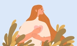 Woman with hand on kind heart, feeling self love, bliss, harmony, positive emotion. Happy calm peaceful girl volunteer. Care, humanity, selfhelp and peace concept. Colored flat vector illustration.