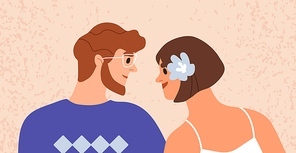 Love couple of young man and woman looking at each other. Two romantic lovers profiles. Happy valentines in relationships. Sweet charmed boyfriend and enamored girlfriend. Flat vector illustration.
