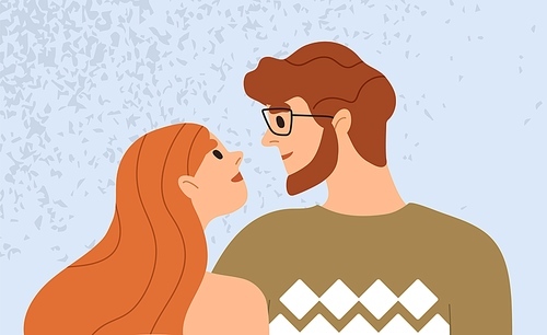 Love couple looking at each other. Romantic relationships of young woman and man. Two lovers profile. Happy girl and guy. Sweet charmed boyfriend and enamored girlfriend. Flat vector illustration.