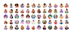 Face avatars bundle of diverse characters. Head portraits of modern young men, women of different race, business. Fashion people in circles set. Flat vector illustration isolated on white .