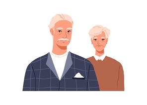 Senior couple portrait of old man and woman. Elderly family of gray-haired grandfather and grandmother faces. Aged husband and wife spouse. Flat vector illustration isolated on white .