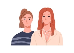 Young girls couple head portrait. Happy smiling women friends. Modern homosexual lesbian girlfriends. Two love romantic LGBTQ females. Flat vector illustration isolated on white .